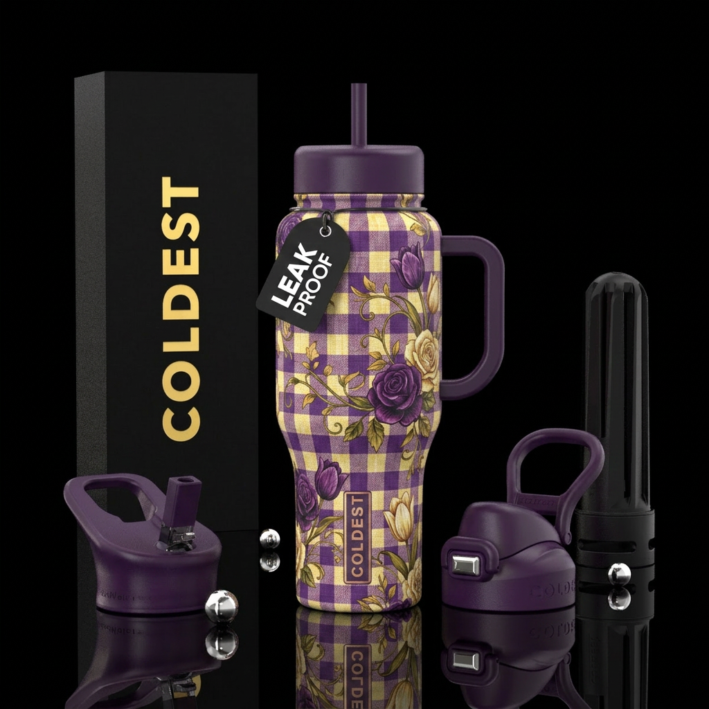 Purple and yellow checkered table cloth with roses... water bottle design