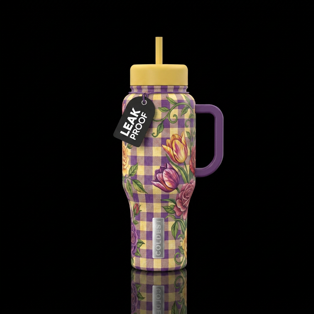 Purple and yellow checkered table cloth with roses... water bottle design