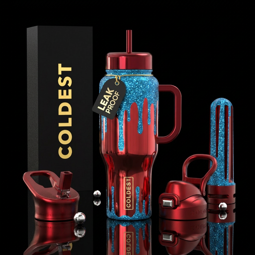 Shiny metallic red background with sparkling blue ... water bottle design
