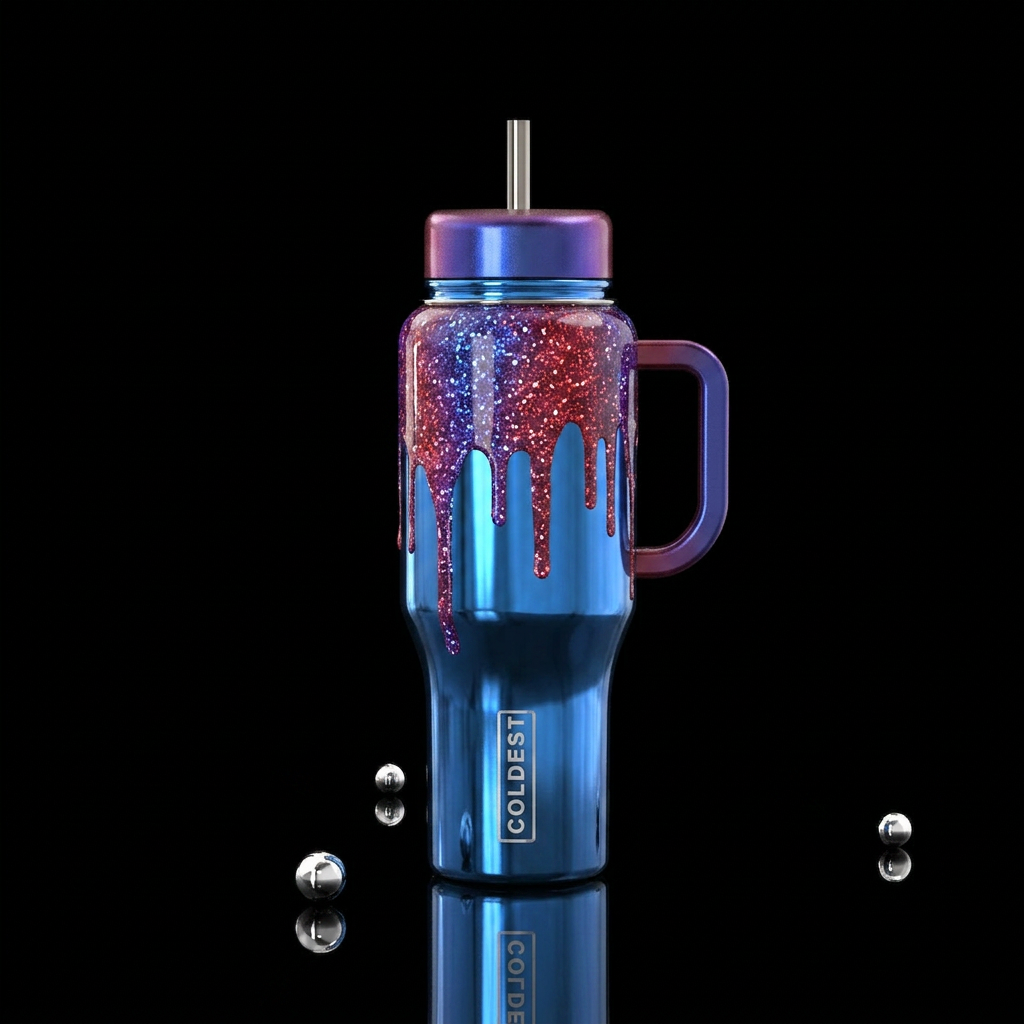 Shiny metallic blue background with two toned shim... water bottle design