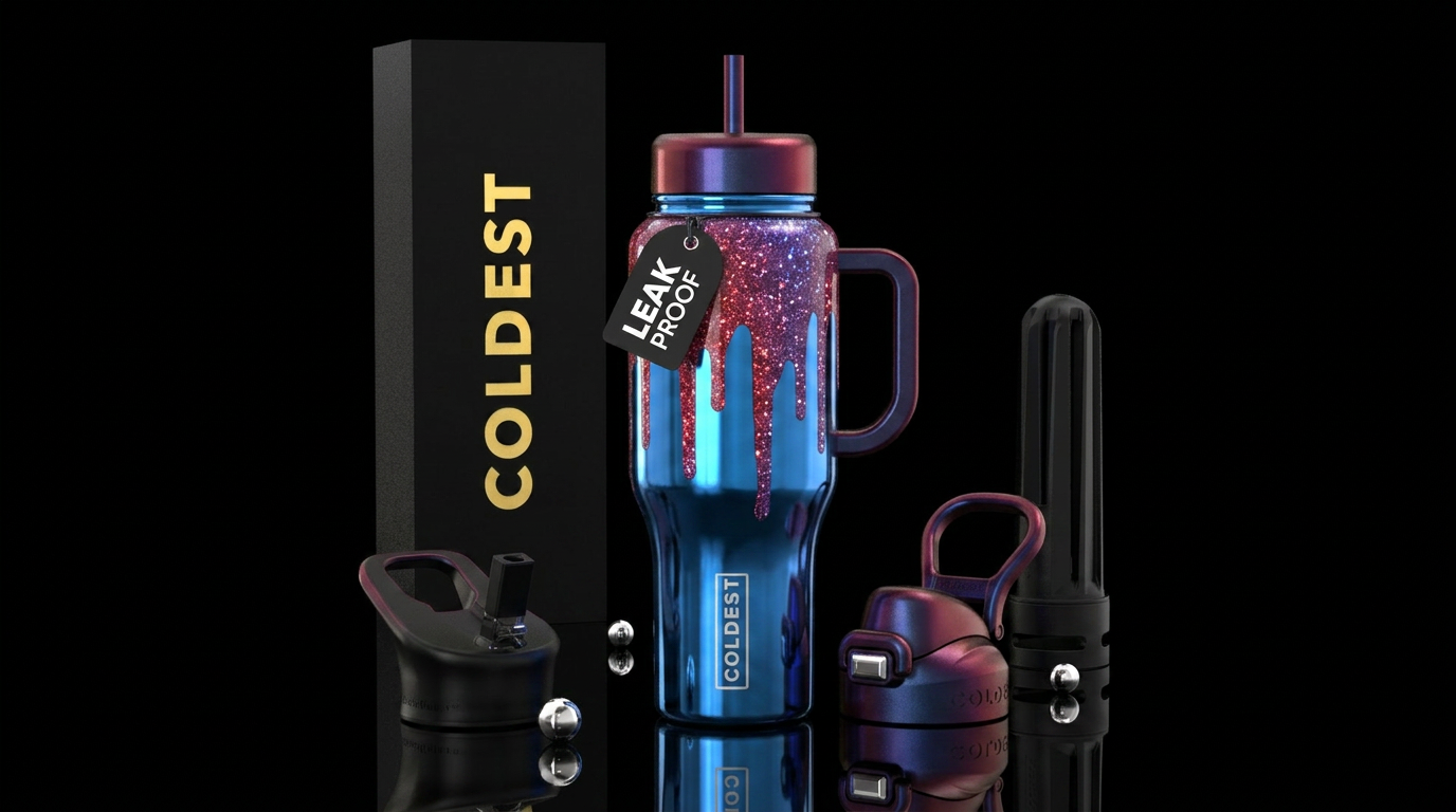 Shiny metallic blue background with two toned shim... water bottle design