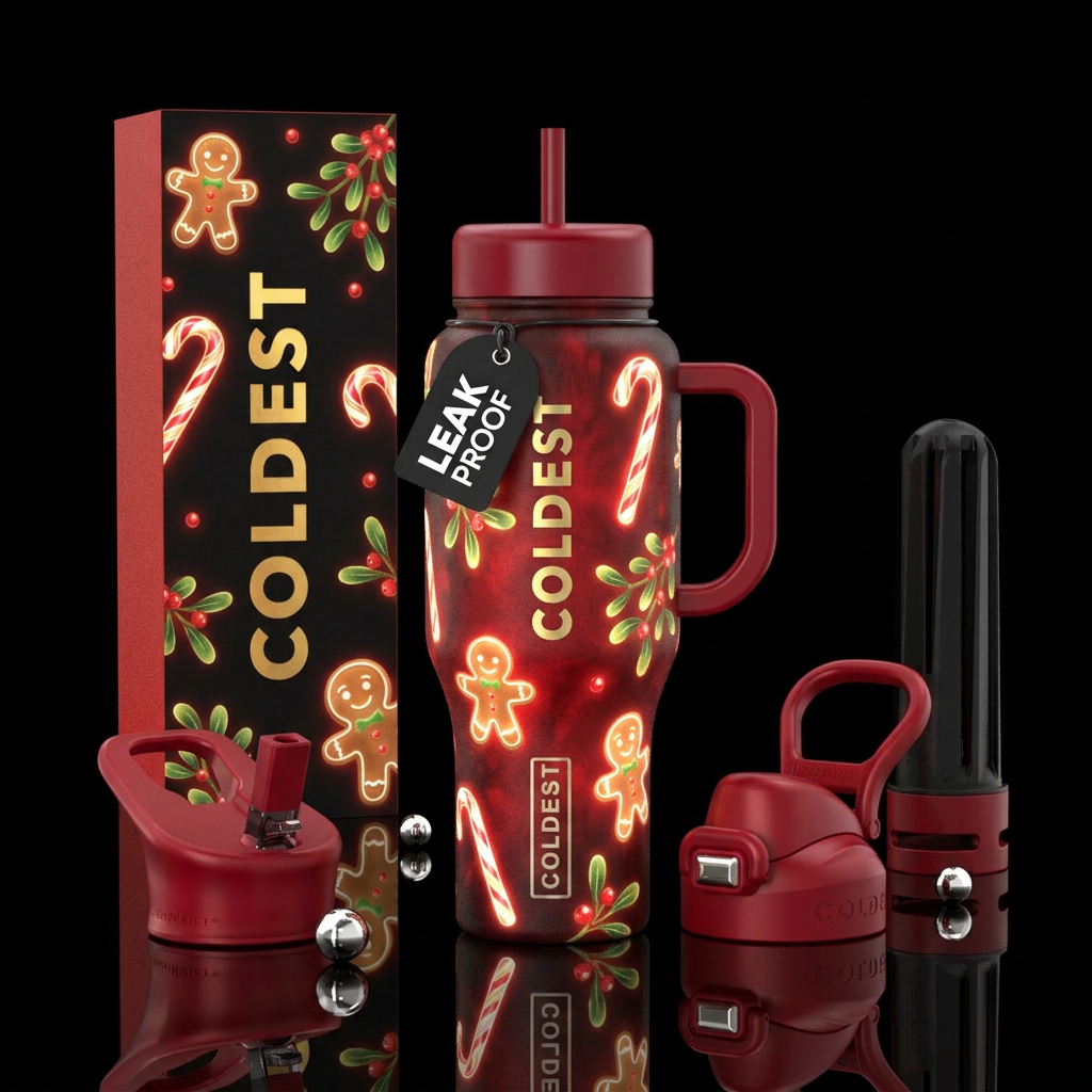Candy canes, mistletoe, gingerbread men all glow i... water bottle design