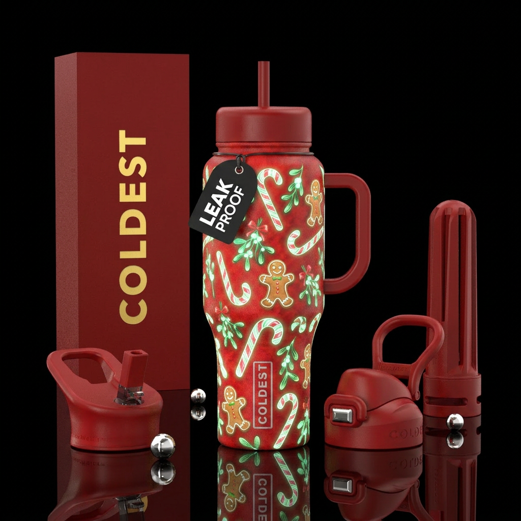 Candy canes, mistletoe, gingerbread men all glow i... water bottle design