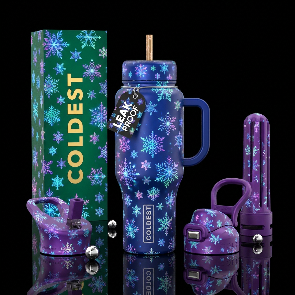 Glowie colorful snowflakes, vibrant, magical, mode... water bottle design