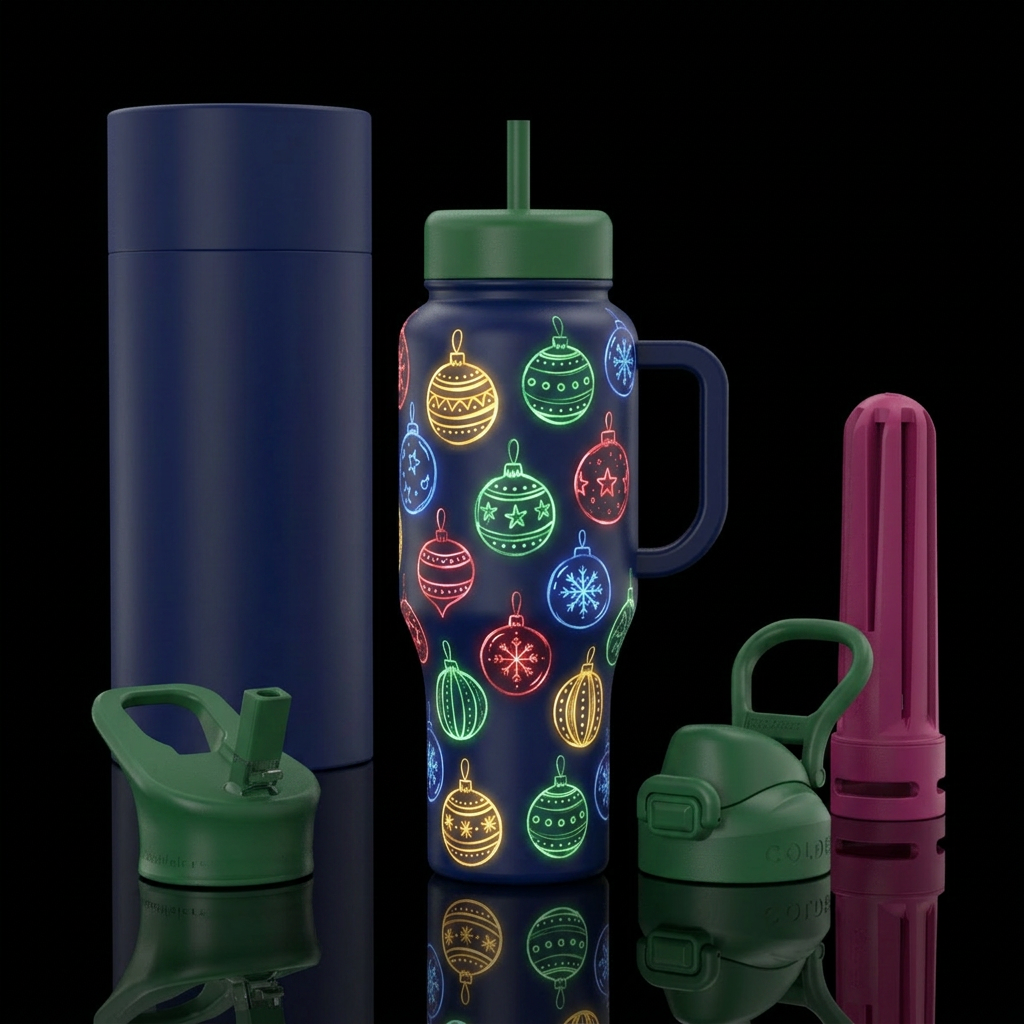 Glowie christmas ornaments child like drawings, ma... water bottle design