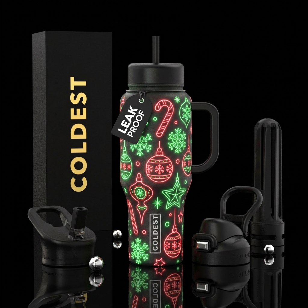 Red and green neon christmas candy canes, snowflak... water bottle design