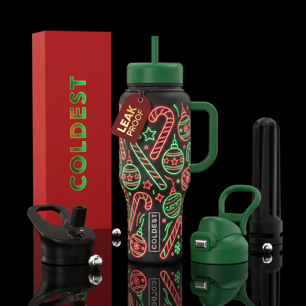 Red and green neon christmas candy canes and ornam... water bottle design