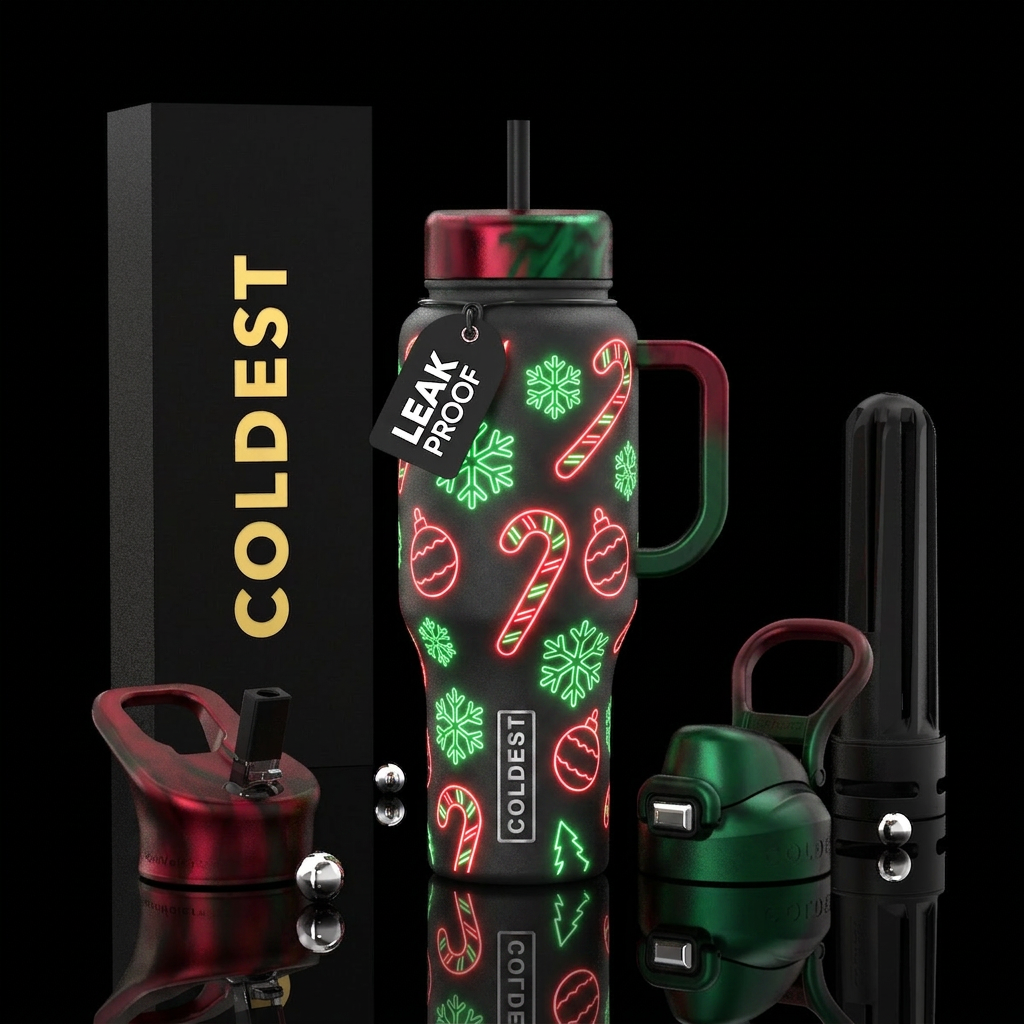 Red and green neon christmas candy canes, snowflak... water bottle design
