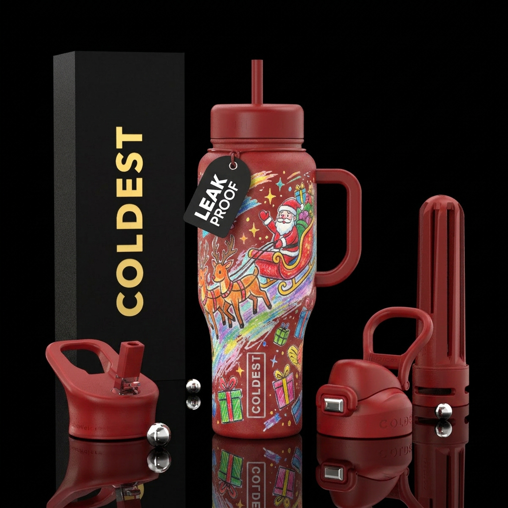 Child like drawings with crayons of Santa in his s... water bottle design
