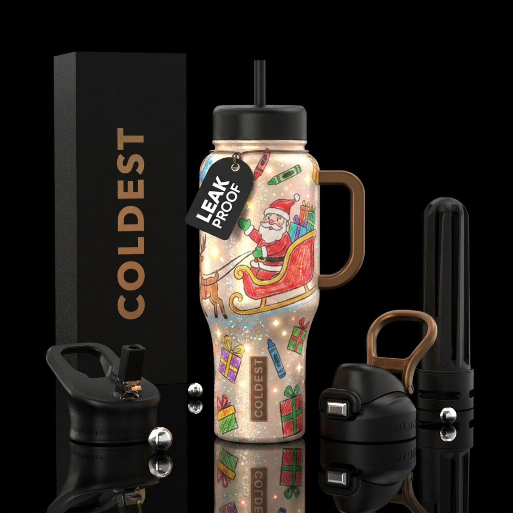 Child like drawings with crayons of Santa in his s... water bottle design