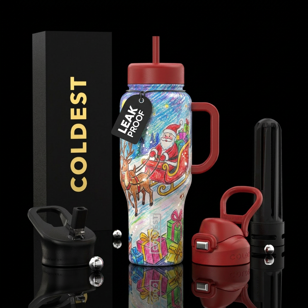 Child like drawings with crayons of Santa in his s... water bottle design