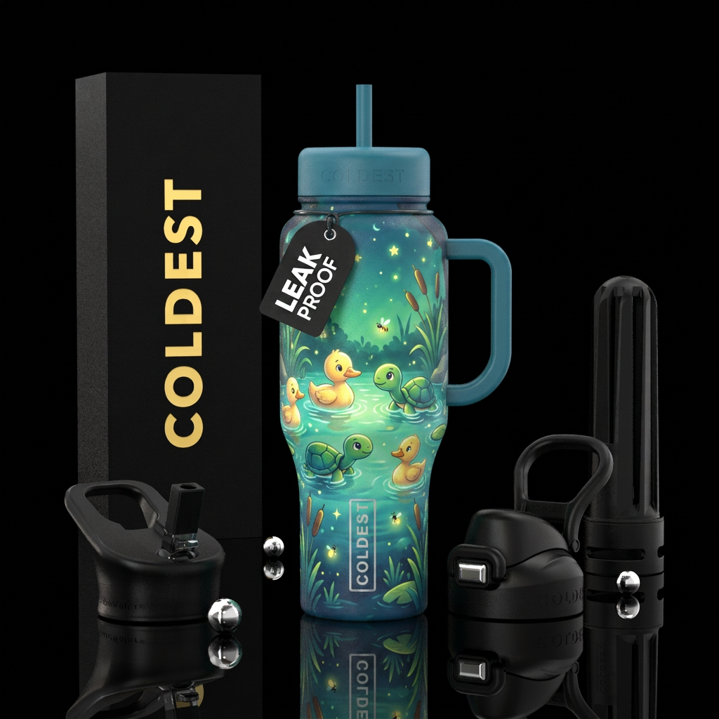 Baby ducks and turtles, vibrant, beautiul, stylist... water bottle design