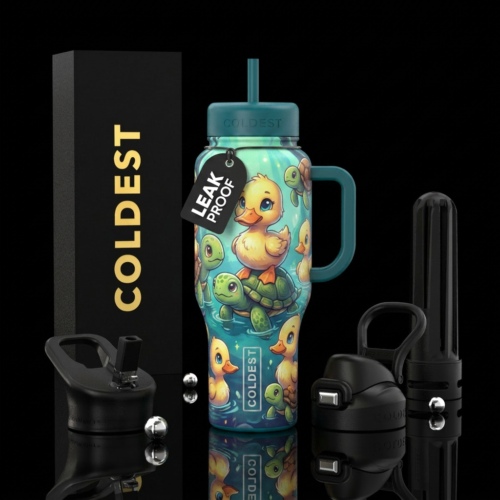 Baby ducks and turtles, vibrant, beautiul, stylist... water bottle design