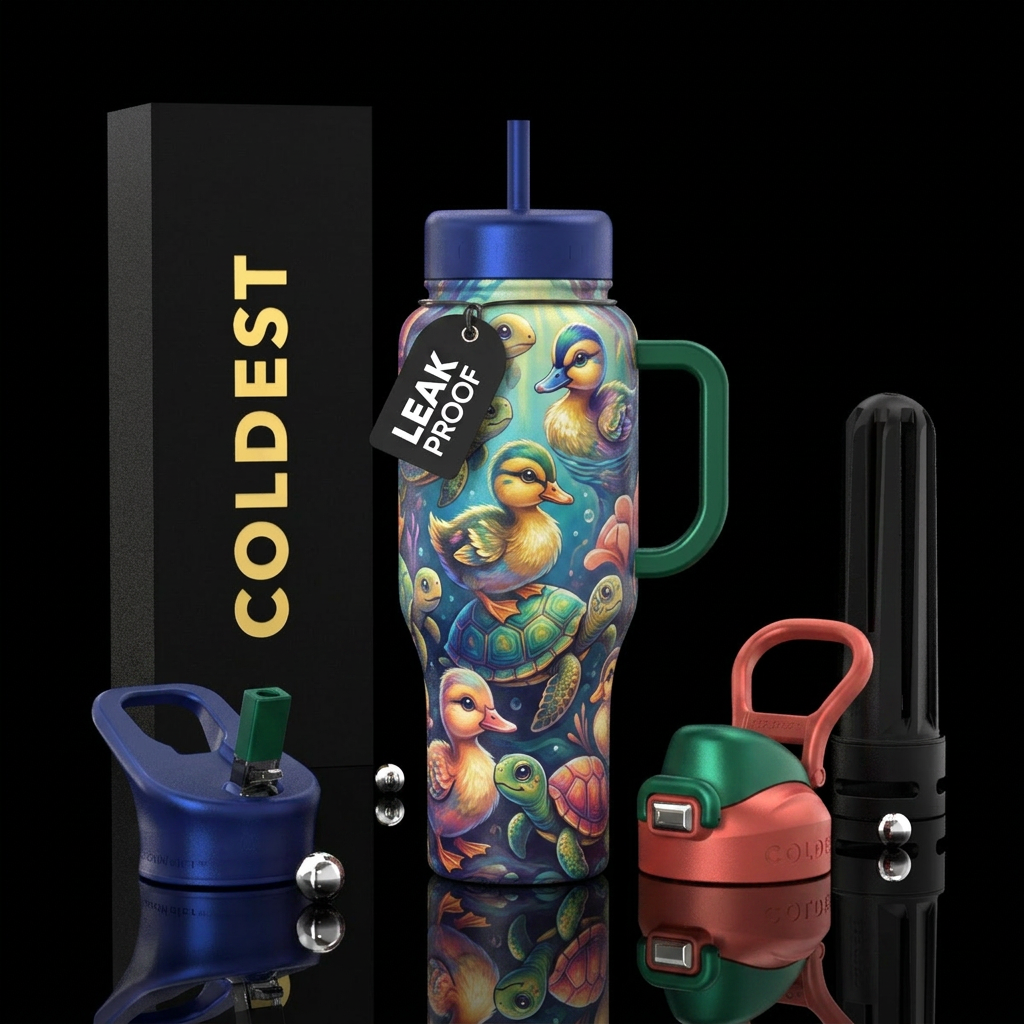 Baby ducks and turtles, vibrant, beautiul, stylist... water bottle design
