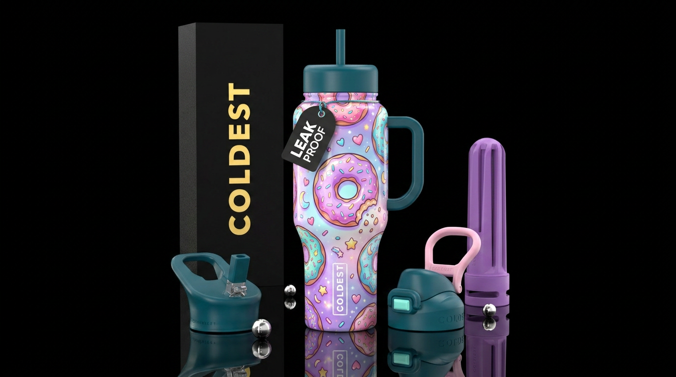 Donuts with hearts stars and unicorn sprinkles som... water bottle design