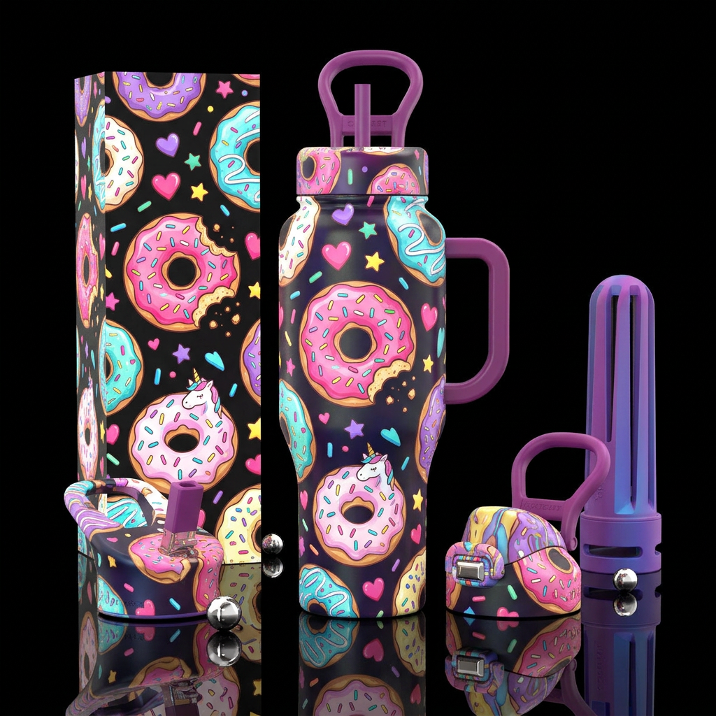Donuts with hearts stars and unicorn sprinkles som... water bottle design
