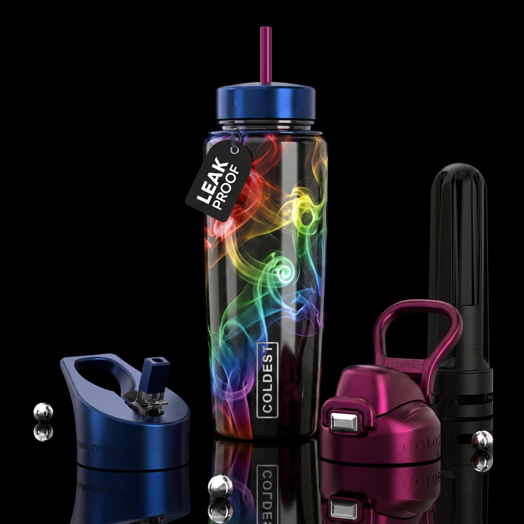 metallic black background with rainbow smoke swirl... water bottle design