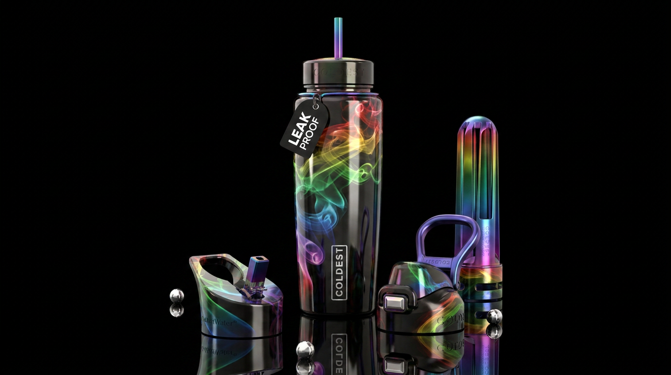metallic black background with rainbow smoke swirl... water bottle design