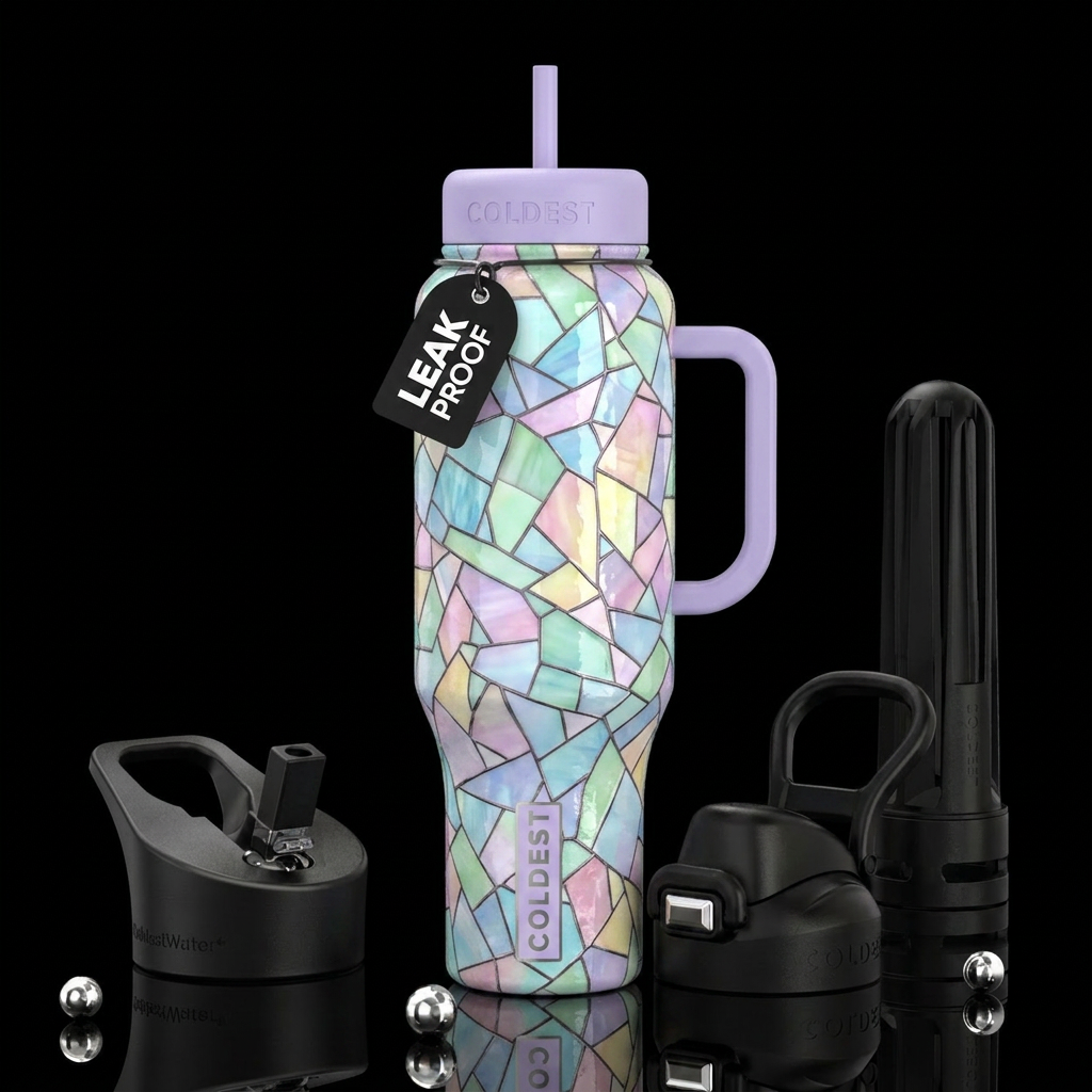 Shattered pastel stained glass, vibrant, beautiul,... water bottle design