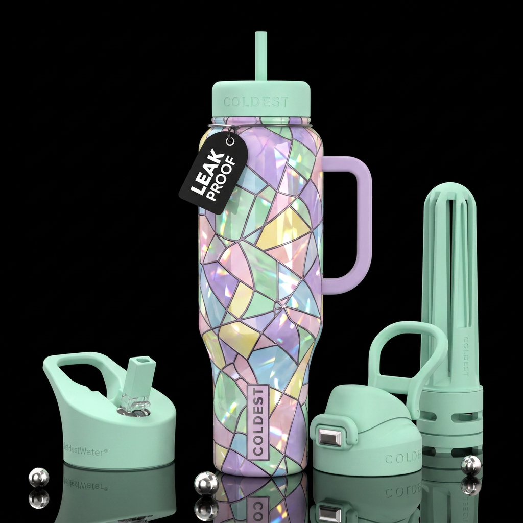 Shattered pastel stained glass, vibrant, beautiul,... water bottle design