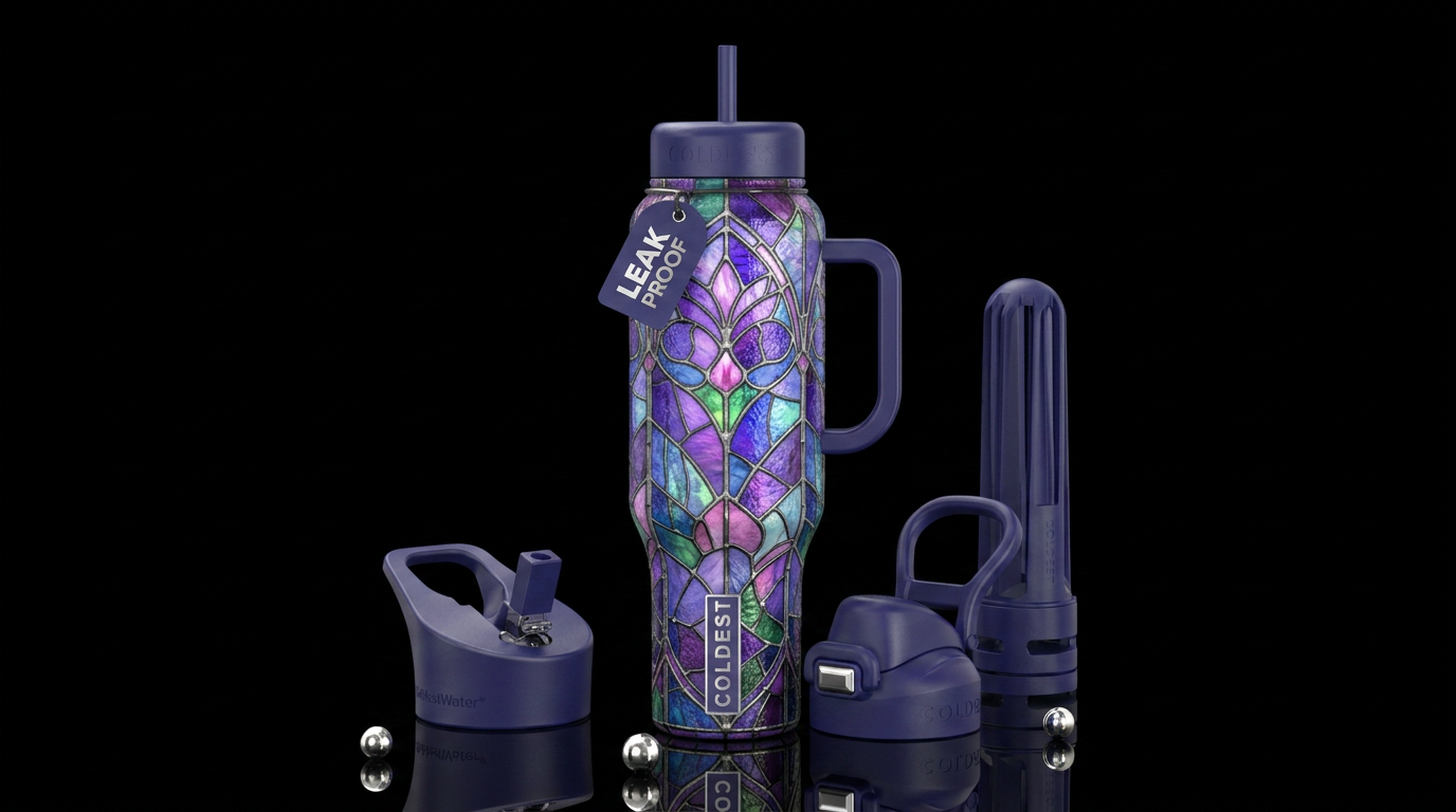 Purple blue green and pink stained glass, vibrant,... water bottle design