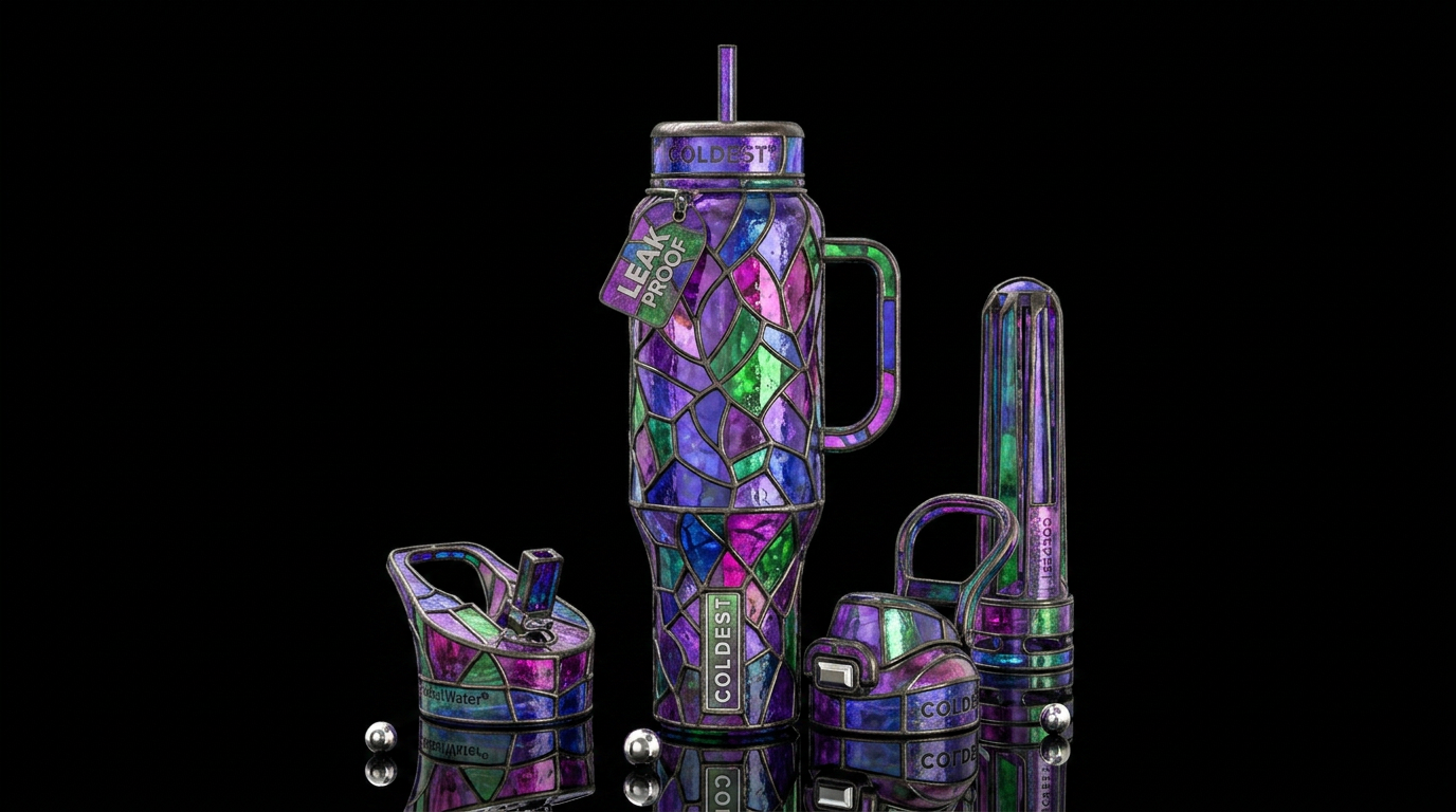 Purple blue green and pink stained glass, vibrant,... water bottle design