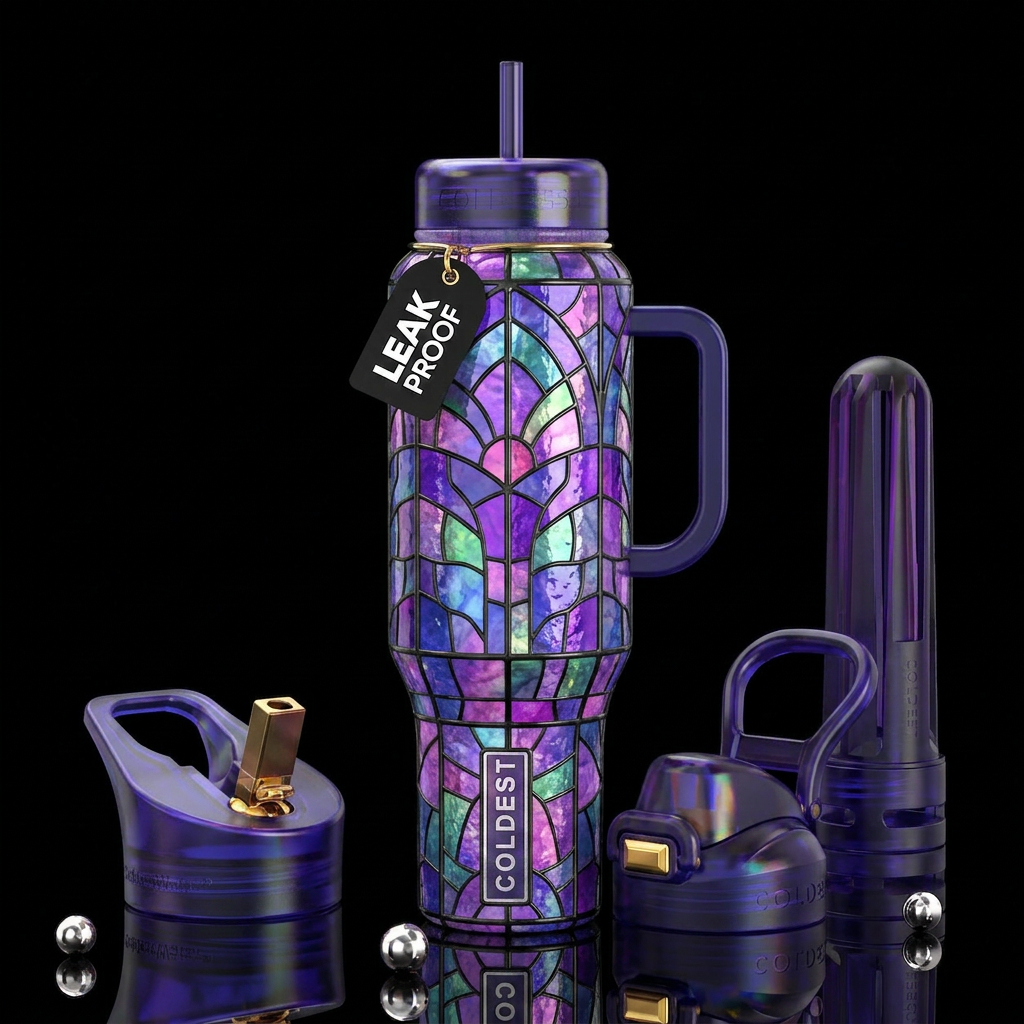 Purple blue green and pink stained glass, vibrant,... water bottle design