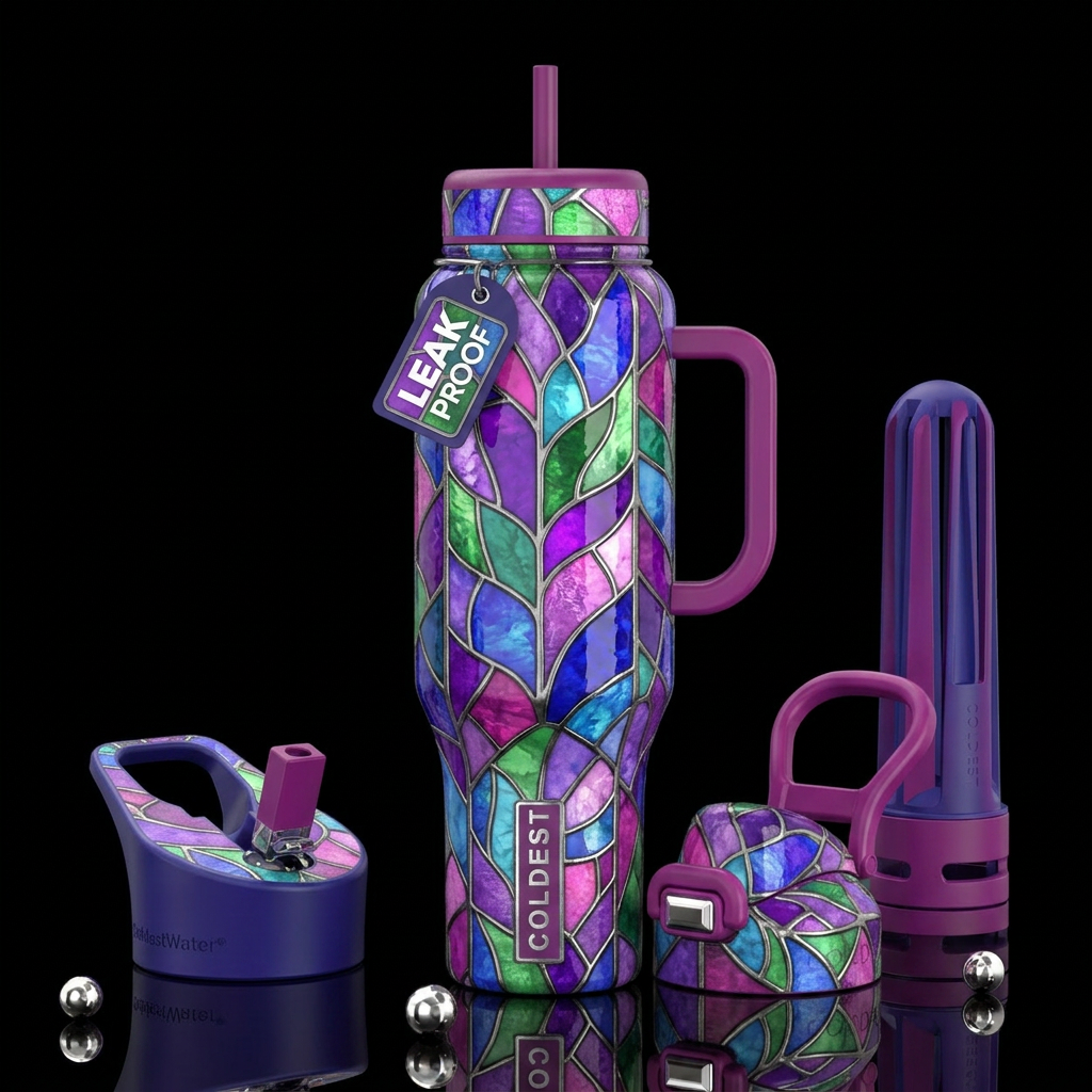 Purple blue green and pink stained glass, vibrant,... water bottle design