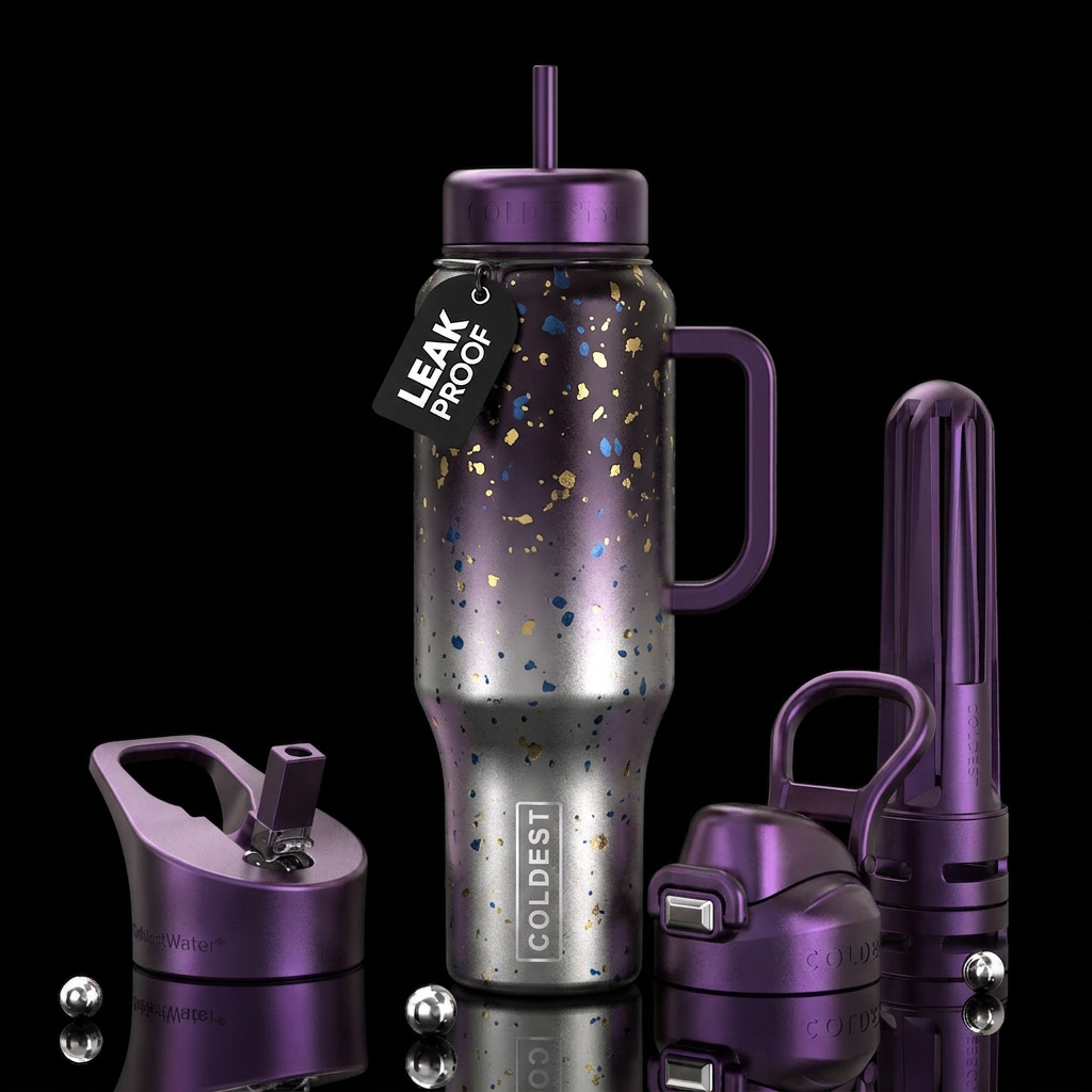 Metallic ombre silver and dark purple speckled wit... water bottle design