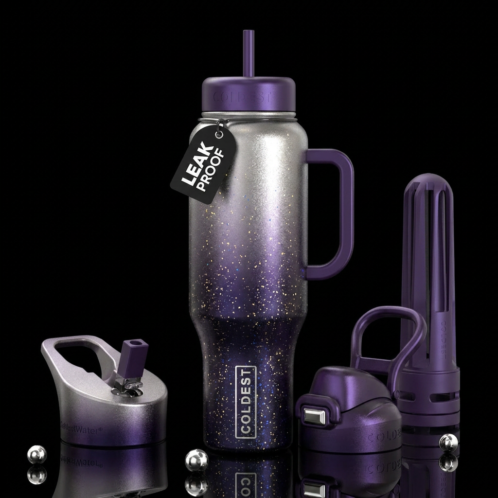 Metallic ombre silver and dark purple speckled wit... water bottle design