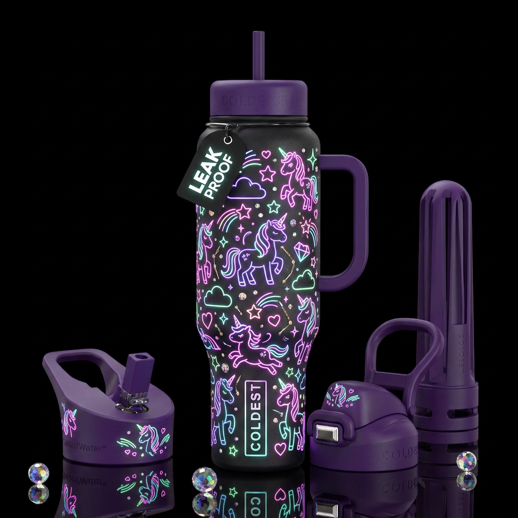 Glowie Unicorns neon colors, magical, fantasy, vib... water bottle design