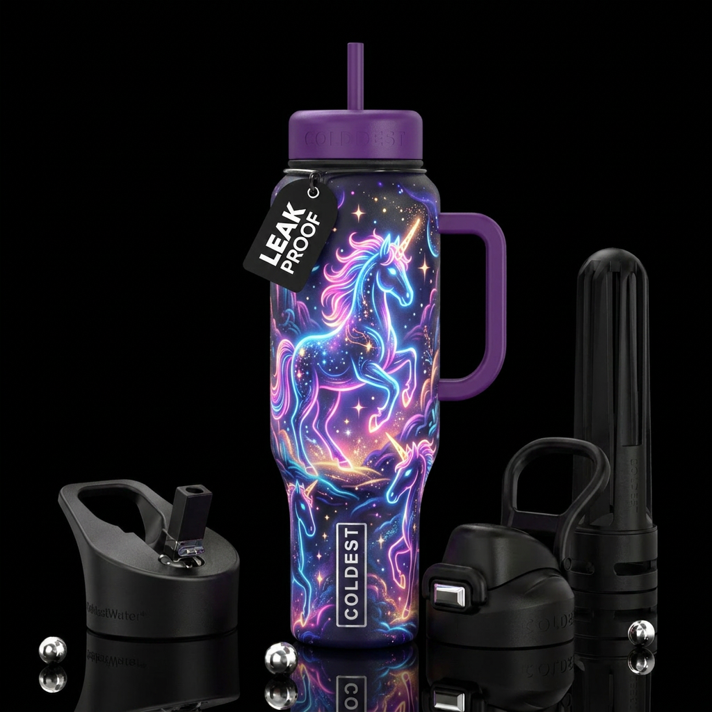 Glowie Unicorns neon colors, magical, fantasy, vib... water bottle design