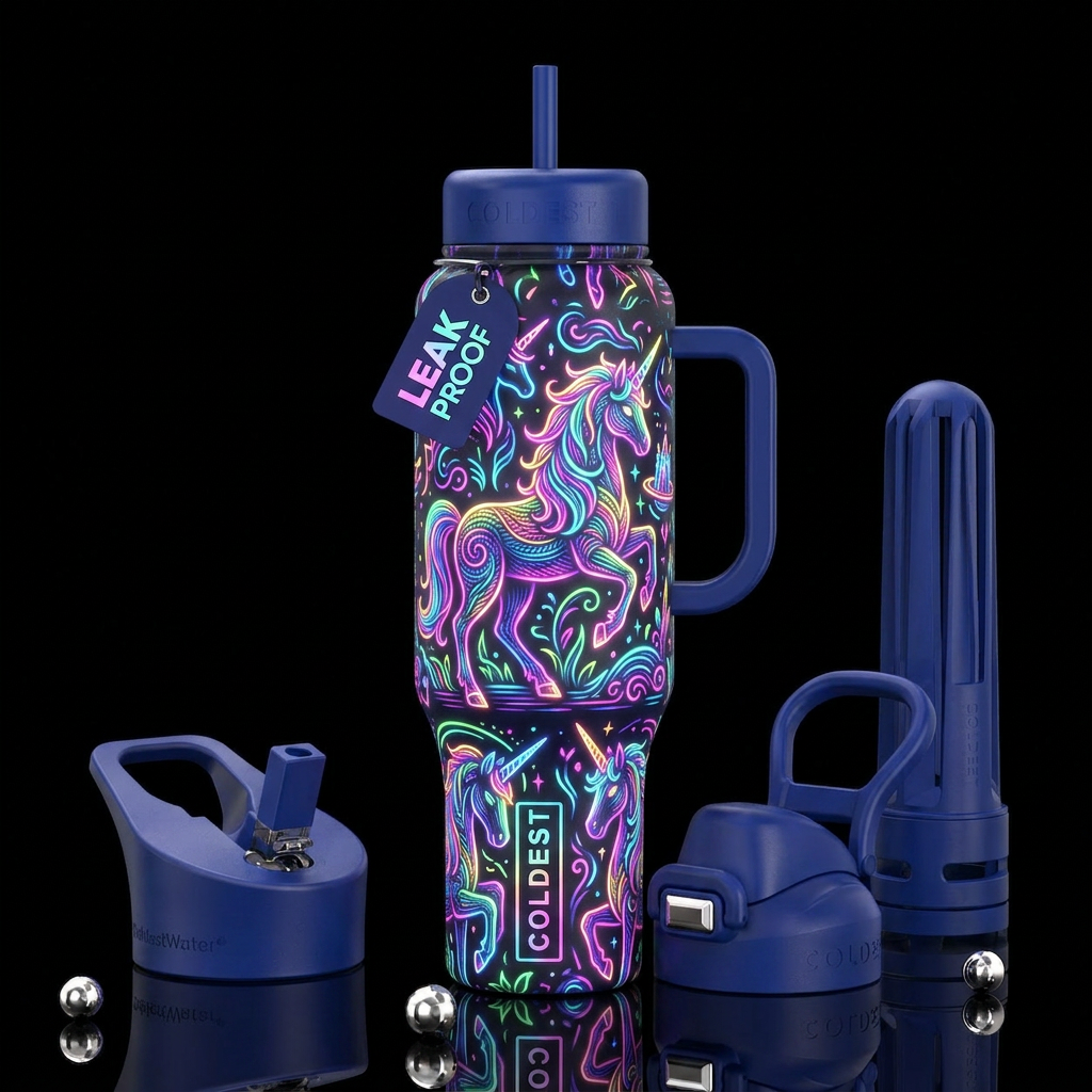 Glowie Unicorns neon colors, magical, fantasy, vib... water bottle design
