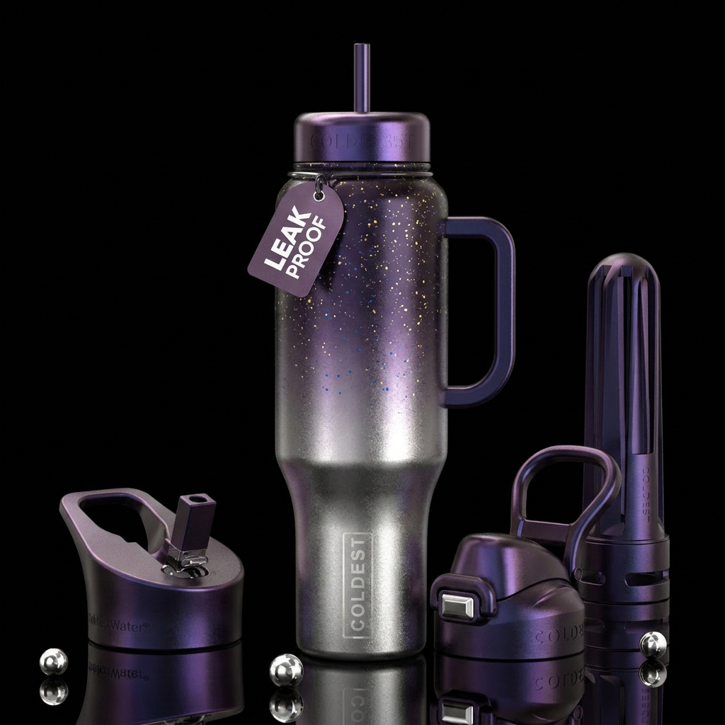 Metallic ombre silver and dark purple speckled wit... water bottle design
