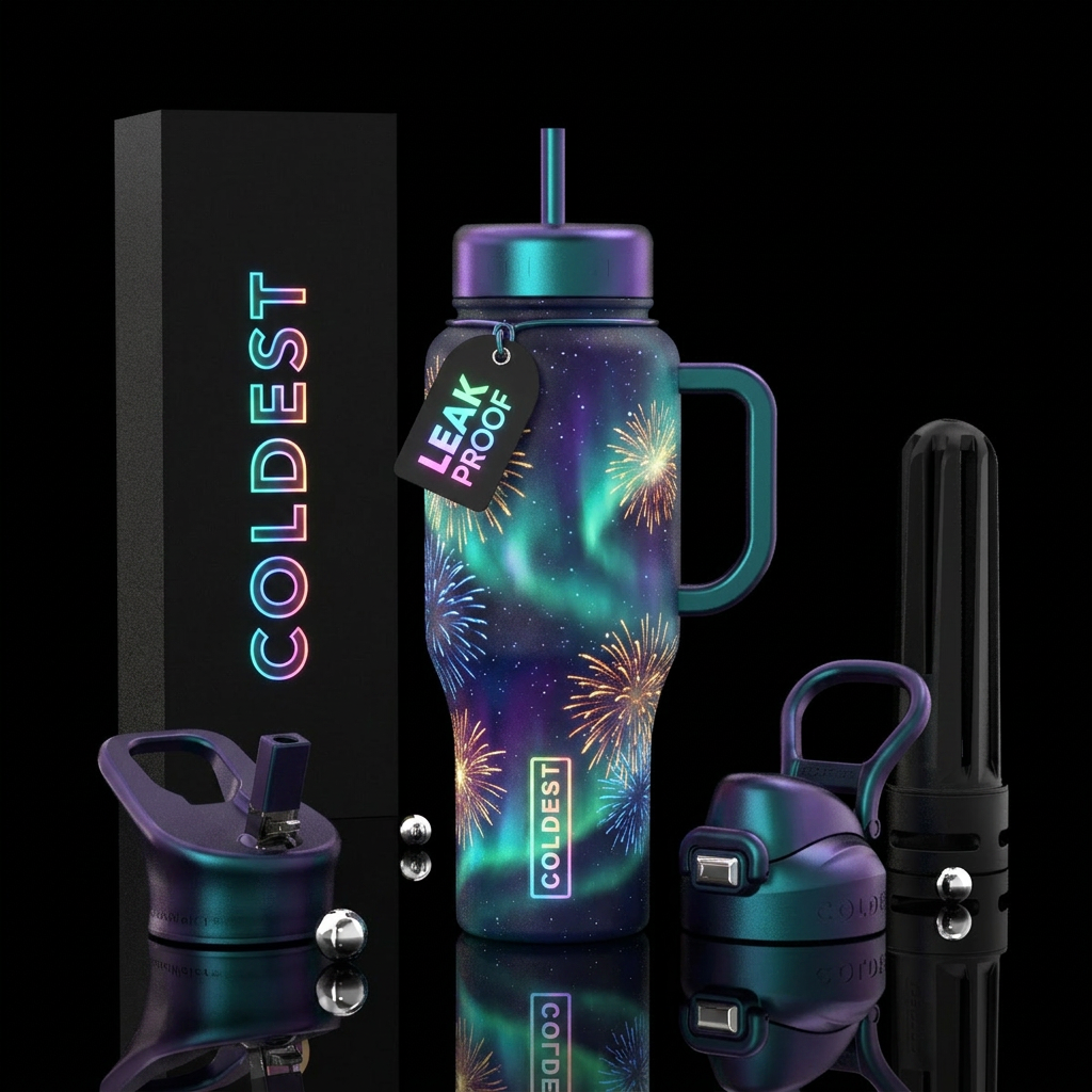 Glowie fireworks in a dark northern lights sky water bottle design