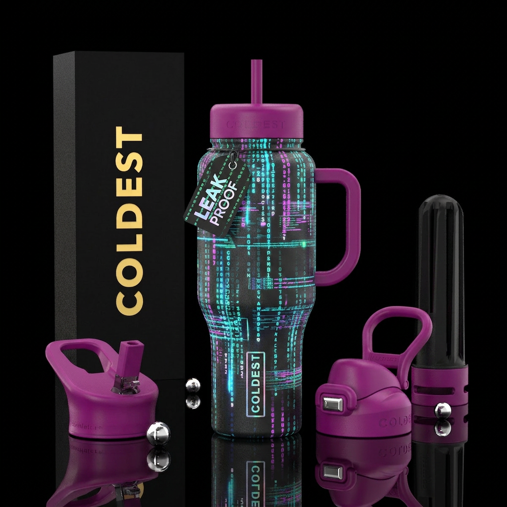 Glowie holographic matrix computer code water bottle design