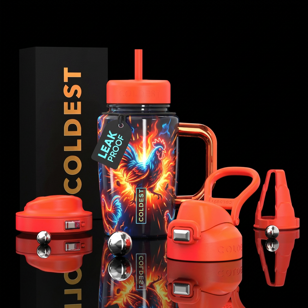 explosive, neon, chickens, with fire, explosive, e... water bottle design