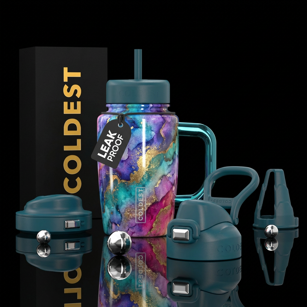opulent, vibrant, watercolor, sparkly water bottle design