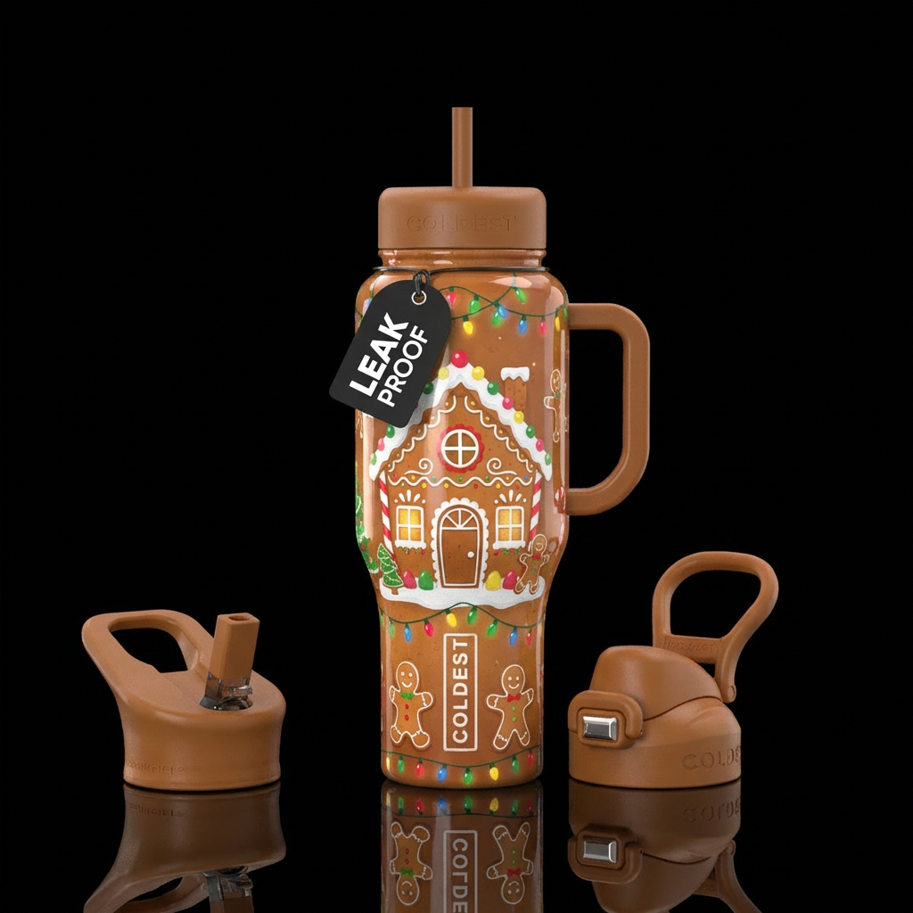 Christmas, gingerbread house, gingerbread people, ... water bottle design