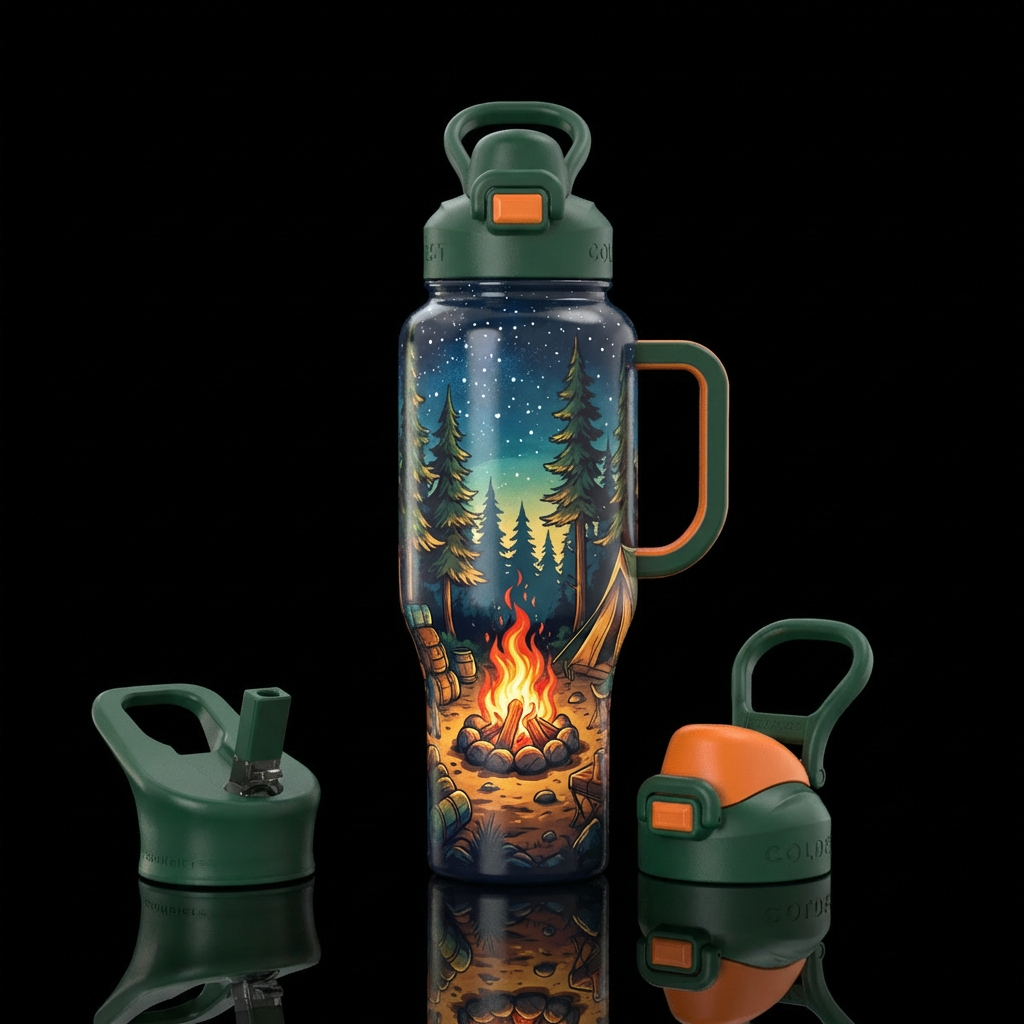 Camping, camp fire, trees water bottle design