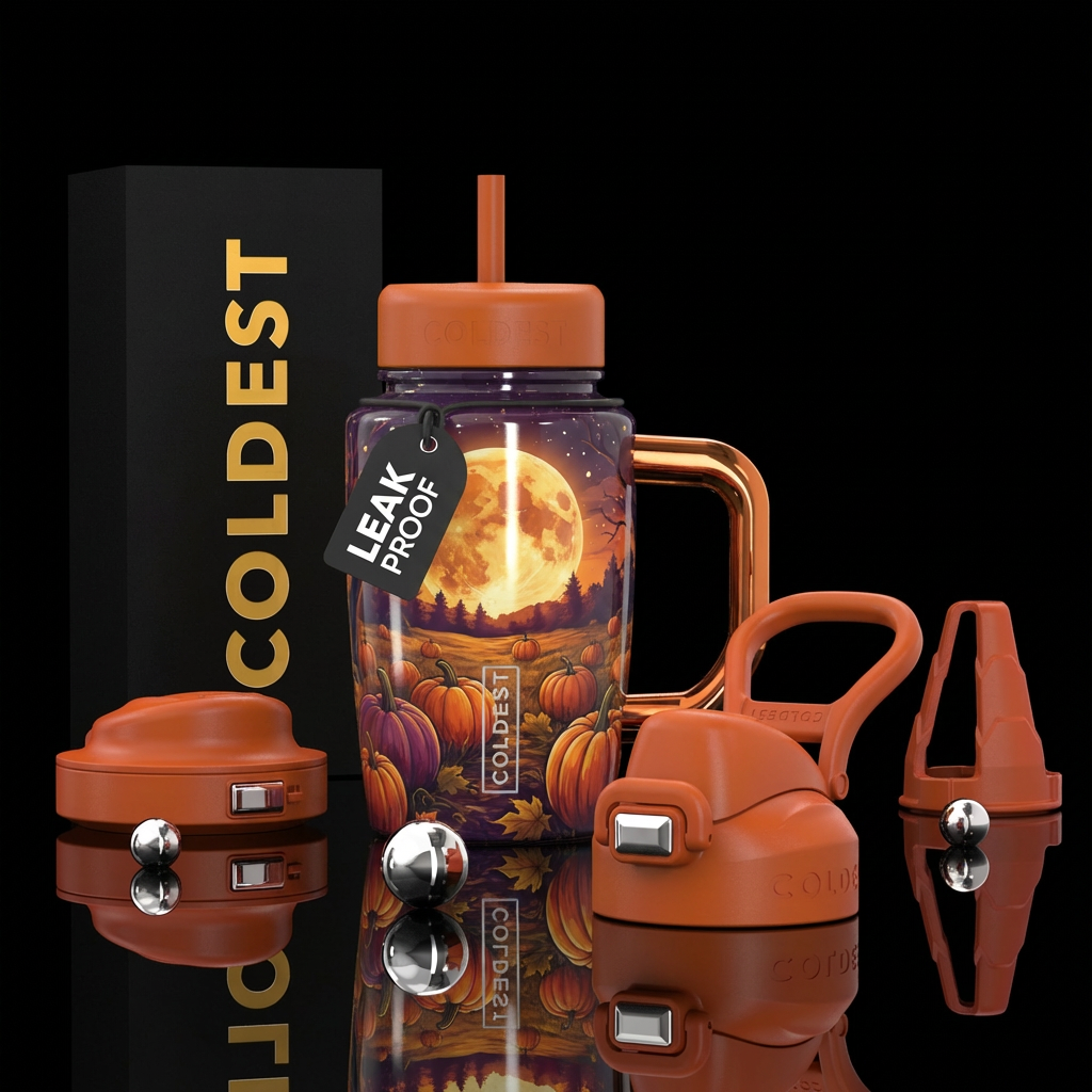 harvest moon, fall pumpkins water bottle design