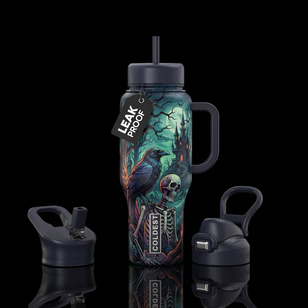 raven, spooky, skeleton, forest, castle, dark mood water bottle design