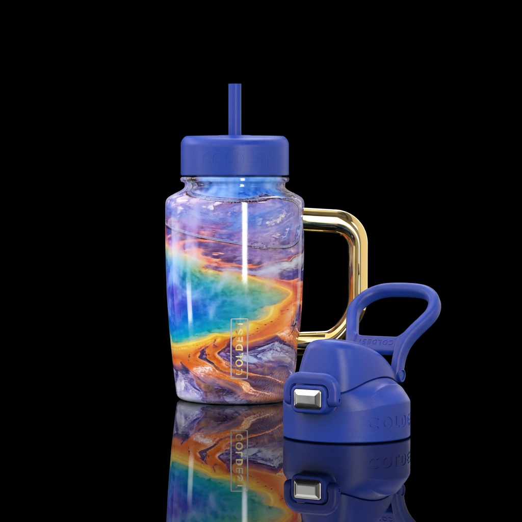 cobalt blue purple yellow orange, romantic, hot sp... water bottle design