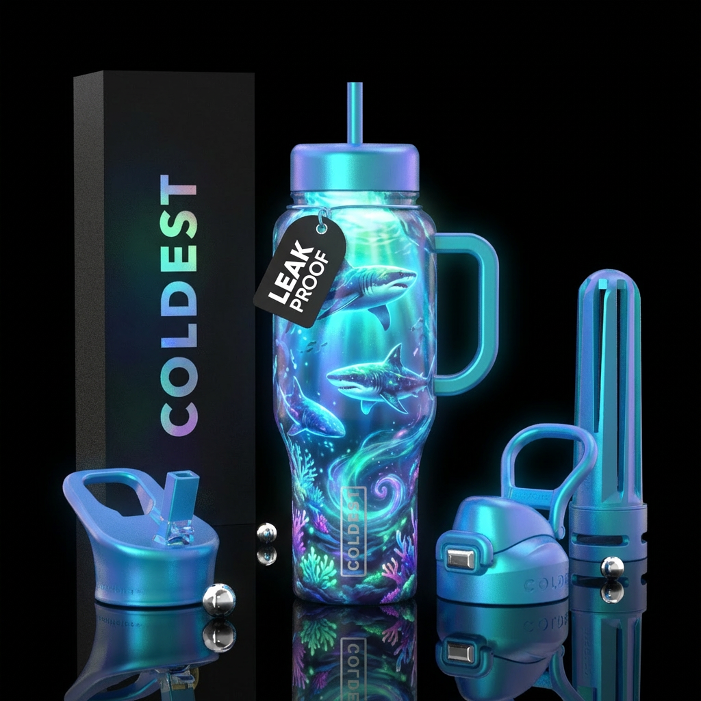 ocean, magical, irridescent, glow, shark water bottle design
