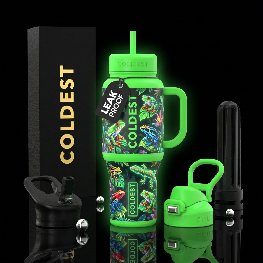 Glow, treefrog, poison dart frog, amazon, leaf, ge... water bottle design