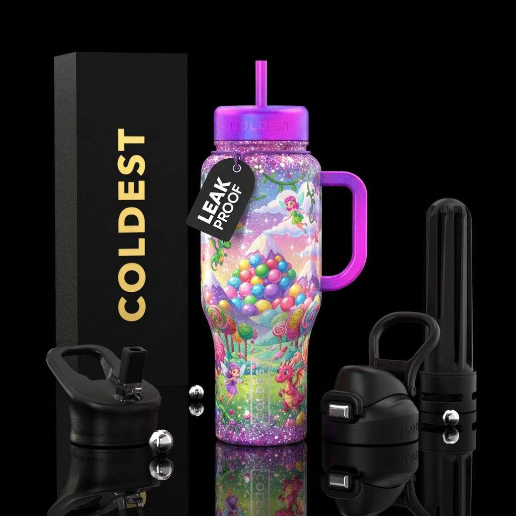 Bubble gum balls, fairies, dragons, mountains, for... water bottle design