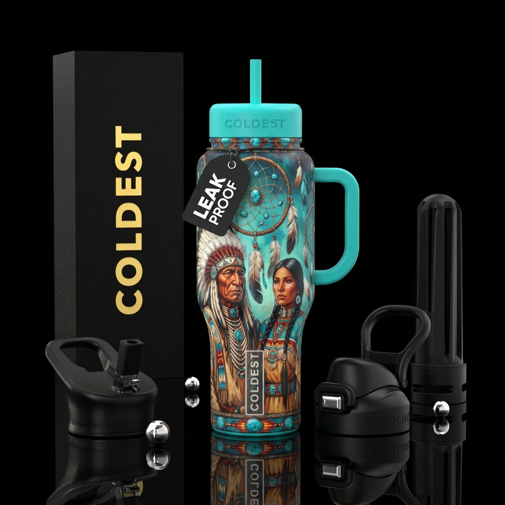 Native Chief, Native Woman, dreamcatcher, feathers... water bottle design
