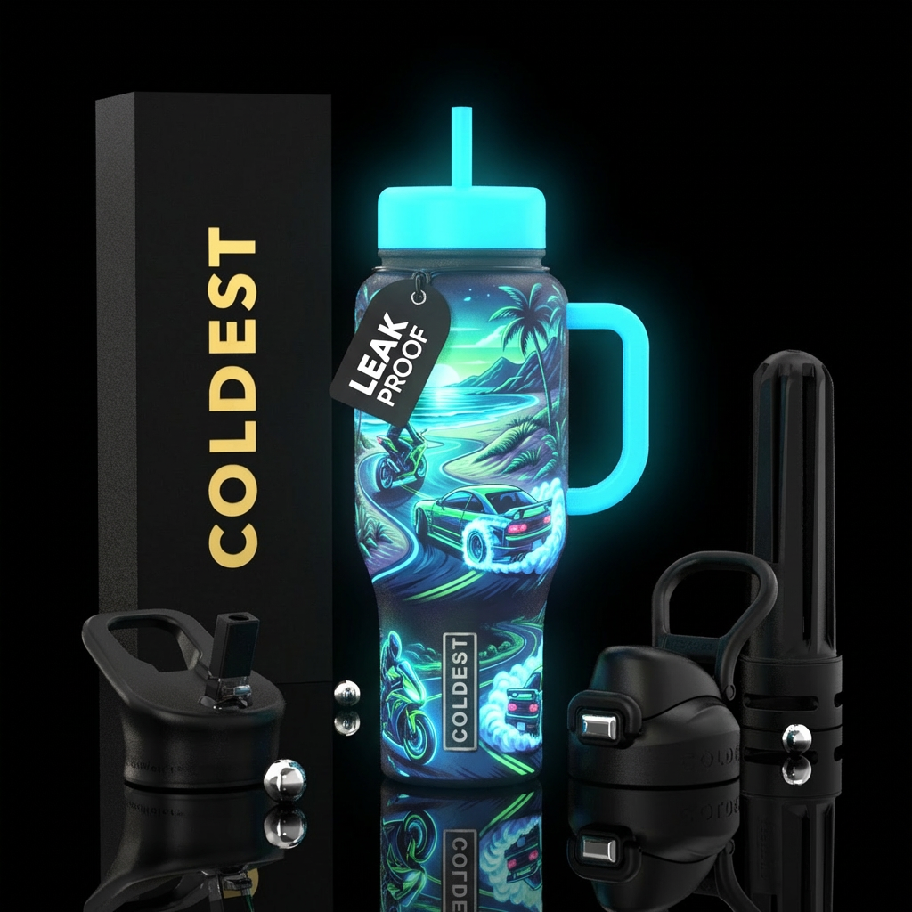 glowie, motorcycle, car, drifting, winding roads, ... water bottle design
