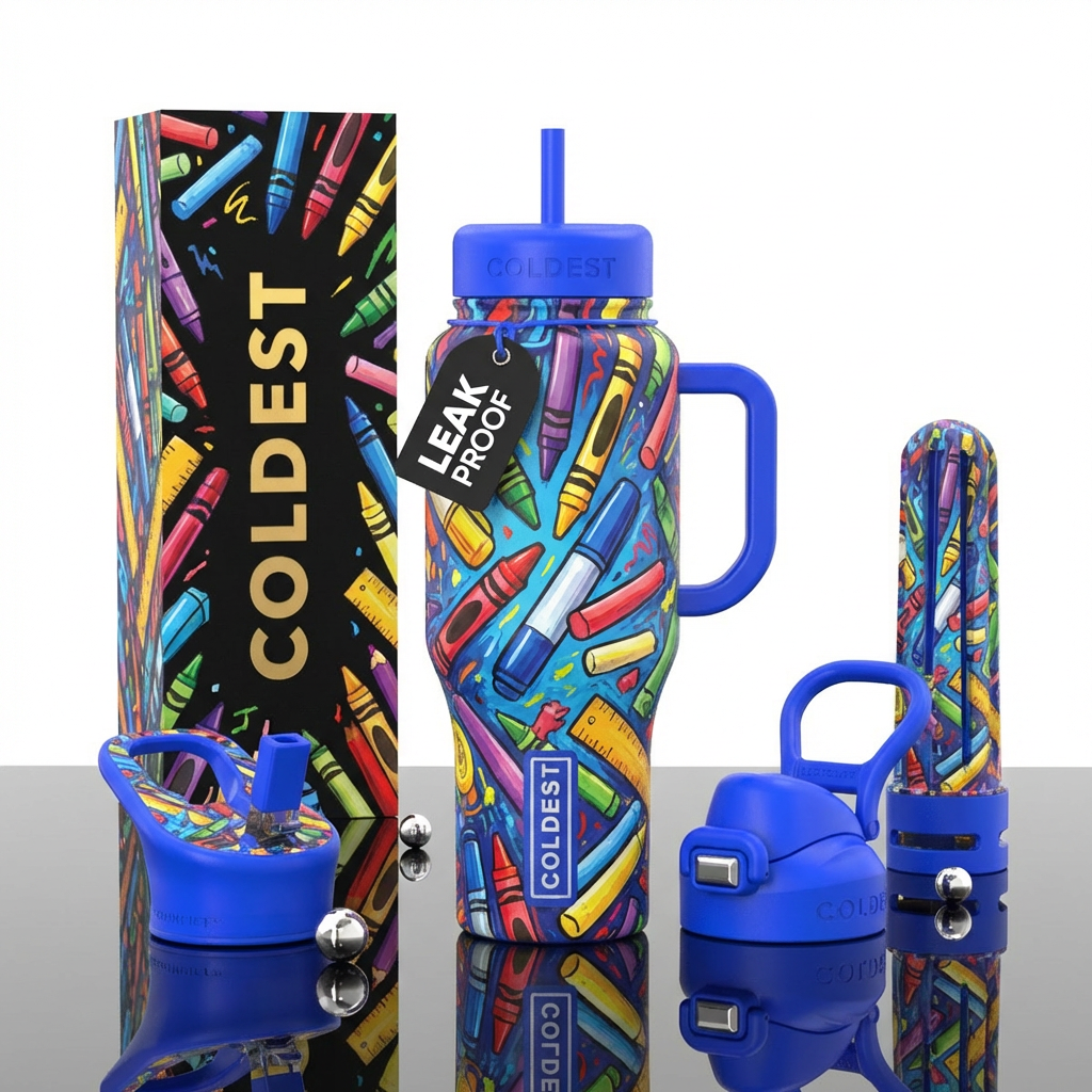 Crayons, markers, rulers, chalk, water bottle design