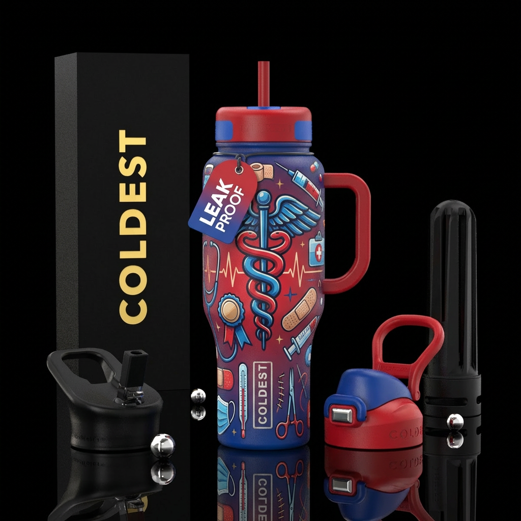 on a red and blue bottle Stethoscope, syringe, med... water bottle design